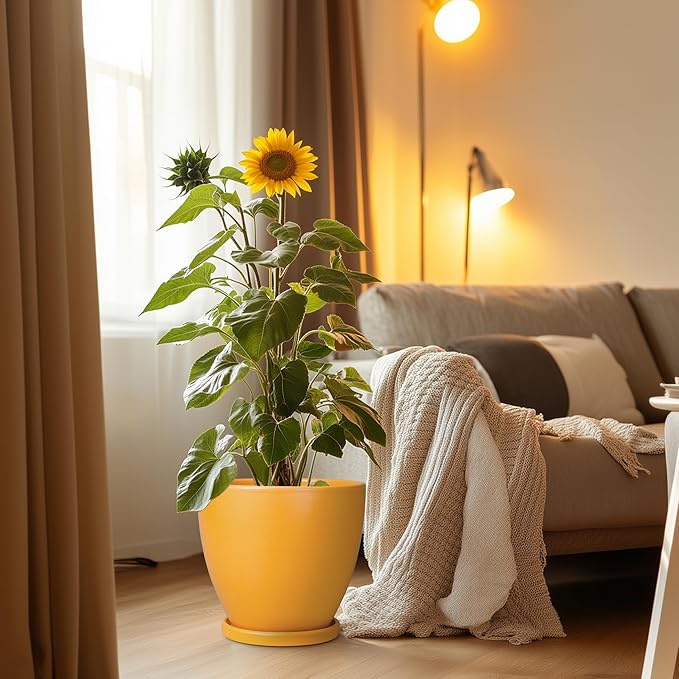 10 Inch Plant Pot - Ceramic Planter with Drainage Hole and Saucer, Modern Flower Pot, Round Planters for Indoor Plants, Home Patio Bathroom Porch Garden Living Room Decor, Orange