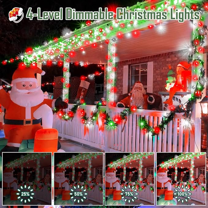 Heceltt 1140 LED 449 FT String Lights Outdoor, 8 Modes Christmas Lights Plug in, IP44 Waterproof Led String Lights with Timer and Memory for Home Party Tree Decorations (Red Green and White)