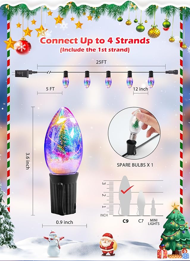 C9 LED Christmas Lights Outdoor, 25 Ft C9 String Lights with 20 Shatterproof LED Bulbs, 3 Light Mode, Connectable Waterproof Christmas Tree Lights for Outside Indoor Holiday Garden Decor, Multicolor