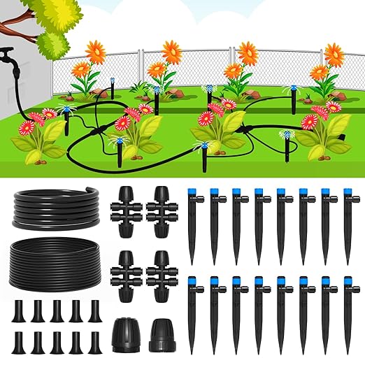 MIXC Drip Irrigation System, 95FT Quick Efficient Connector Garden Irrigation System Plants Watering System For Lawn Patio Raised Bed Automatic Irrigation Equipment With 1/2''&1/4"Tubing,Drip Emitters