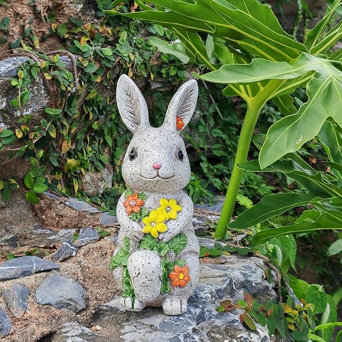 Solar Easter Rabbit Statue - Rock-Like Design with Flower Lamp Beads Woman Gifts Resin Easter Bunny Sculpture for Indoor and Outdoor Statue Decor, Garden Decoration