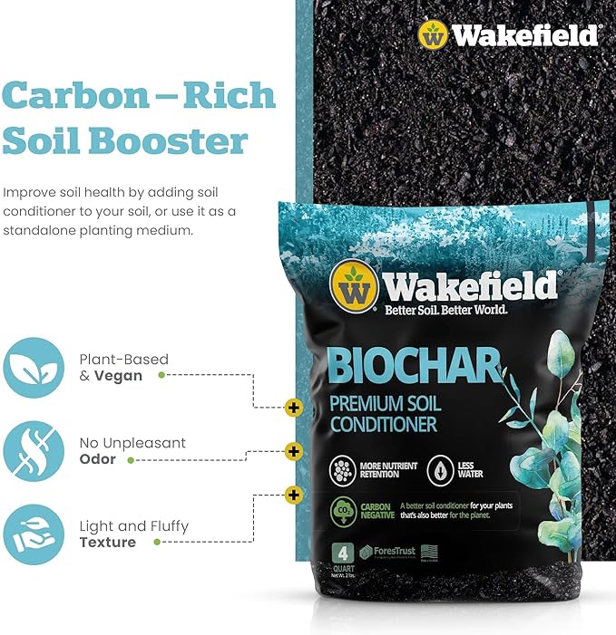 Wakefield Premium Biochar Soil Conditioner – 100% Pure Organic Biochar Soil to Boost Nutrient Retention & Water Efficiency for Houseplants, Gardens, & Lawns – 4 Quarts