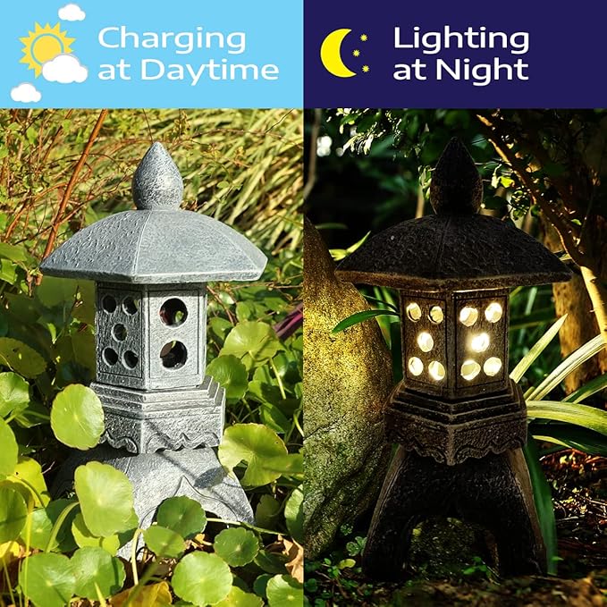 Pagoda Lantern Garden Statue with Solar Lotus Lights, Large Resin Japanese Temple Pagoda Lamp Asian Zen Outdoor Yard Decor for Landscape Patio Porch Lawn Decorations, Christmas Ornament Gift