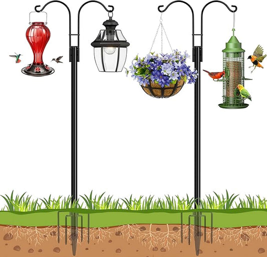 Ottsuls Bird Feeder Pole, 2 Pack 76 INCH Double Shepherds Hooks for Outdoor, Garden Pole with 5 Base Prongs Heavy Duty Planter Hooks for Hanging Plant Baskets, Lantern, Hummingbird Feeder