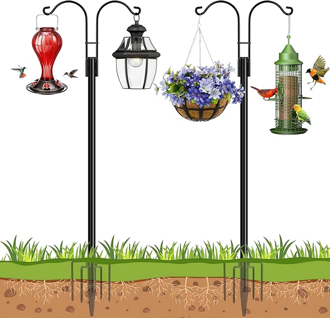 Ottsuls Bird Feeder Pole, 2 Pack 108 INCH Double Shepherds Hooks for Outdoor, Garden Pole with 5 Base Prongs Heavy Duty Planter Hooks for Hanging Plant Baskets, Lantern, Hummingbird Feeder