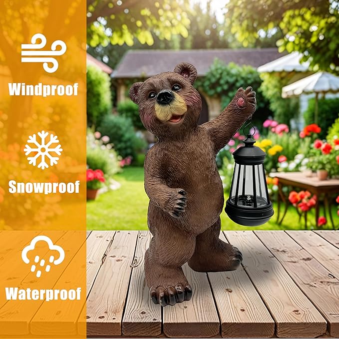 Solar Lantern Garden Statues Decor, Outdoor Bear Figurine Lights for Yard Patio Decoration - Unique Christmas Housewarming Gift for Grandma Wowen Mom Brown
