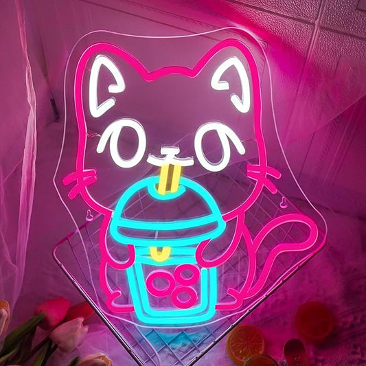 Cat Boba Tea Neon Sign,Cute Pink Kitty Bubble Tea Neon Signs for Wall Decor,Dimmable LED Neon Light Bar Sign,USB Light Up Signs for Kids Bedroom Dimsum Store Cofes Bar Milk Tea Shop