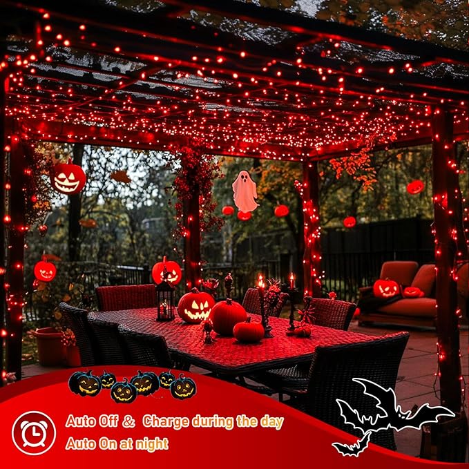 JMEXSUSS 66ft 200 LED Red Solar Halloween Lights, 2 Pack Solar Fairy Lights Outdoor Waterproof, 8 Modes Solar String Lights for Outside Garden Christmas Tree Party Halloween Decorations