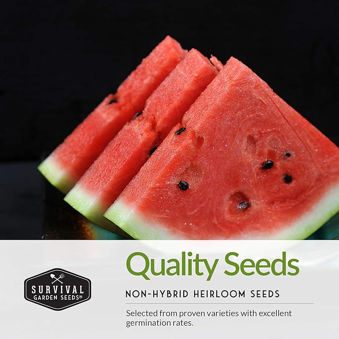 Survival Garden Seeds Tri-Color Watermelon Collection - 3 Packs of Fruit Seeds for Growing Watermelons - Yellow Petite, Crimson Sweet (Red) & Tendersweet Orange Varieties - Non-GMO Heirloom Mix