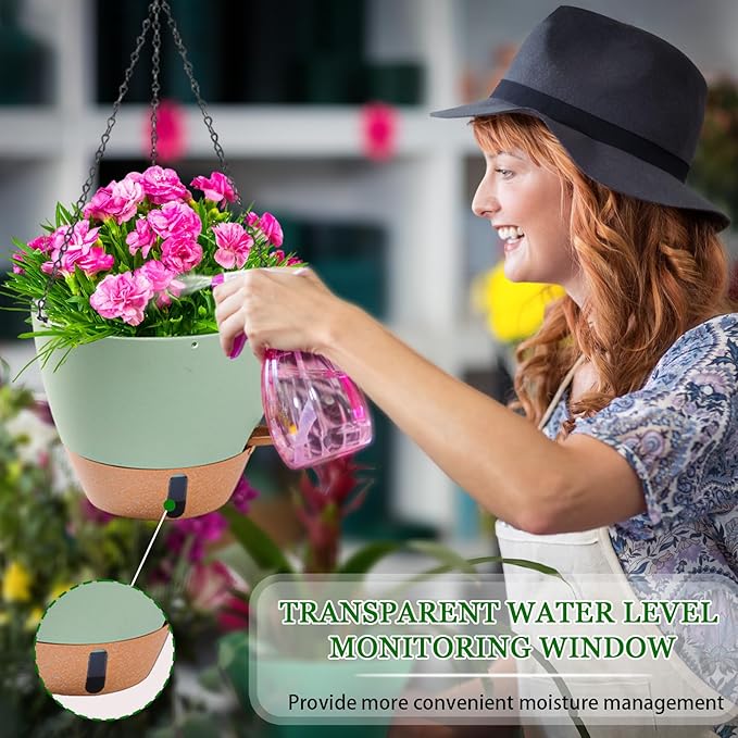 10 Inch Hanging Planters for Indoor Plants, 2 Pack Self Watering Hanging Baskets Flower Pots with Drainage Hole, Visual Reservoir & 2 Kinds of Plant Hanger for Outdoor Garden Home Decor