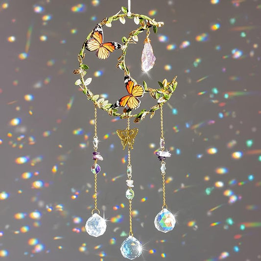 Crystal Suncatcher for Windows - Moon Shaped with Enchanting Butterfly Design - Sun Catchers Indoor Window - Hanging Crystal Wind Chimes, Rainbow Maker Gifts, Prism Suncatcher, Window Decor