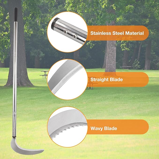 HQPASFY Weeding Sickle Set, Long Handle Sickle with Serrated Double-Edged Blade, Grass Sickle Stand Up Weeding Tool with 2 Pack Leaf Scoops, 16 Gallon Lawn Bag with Gardening Gloves ﻿﻿for Yard