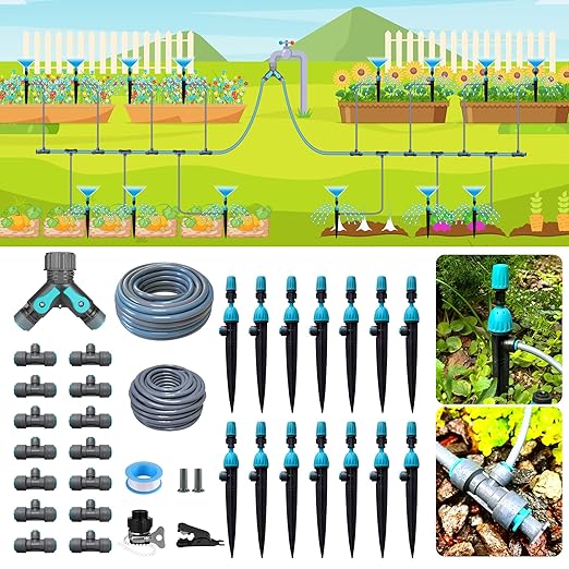 Automatic Drip Irrigation Kits with Y-Type Distribution Tubing, 14 Drip and Spray Integrated Nozzles, 33ft PE Main Tube, and 33ft PVC Branch Tubing for Garden, Patio, and Greenhouse