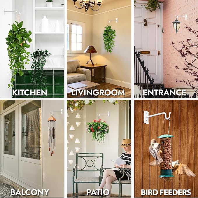 RTZEN Plant Hangers Outdoor or Indoor - Wrought Iron Metal Hanger Indoor Hook - Heavy Duty Wall Bracket Hooks for Hanging Plants Baskets Lanterns Wind Chimes - 2 Pack (White Shepherds Hooks)