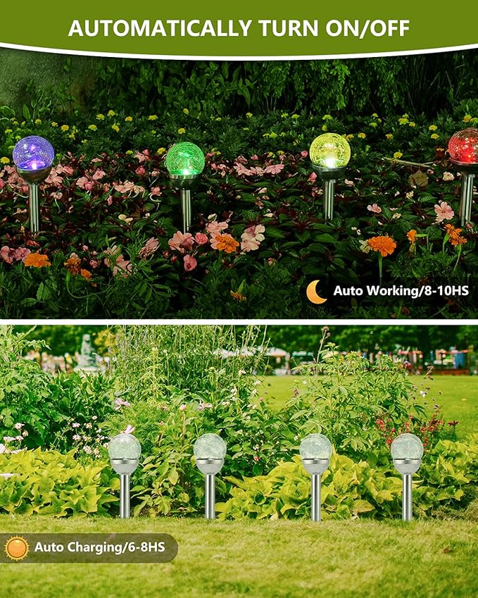 Solar Garden Lights Cracked Glass for Outdoor Waterproof Landscape Pathway Decorations 7 Colors Changing 10 Packs