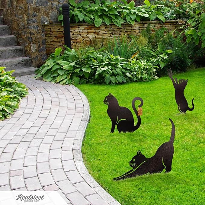 RealSteel I 3 Pack Steel Cat Garden Decor I Outdoor Yard Decorations I Gift for Cat Lovers I Lawn Ornaments and Statues I Garden Signs Decorative Outdoor - Black