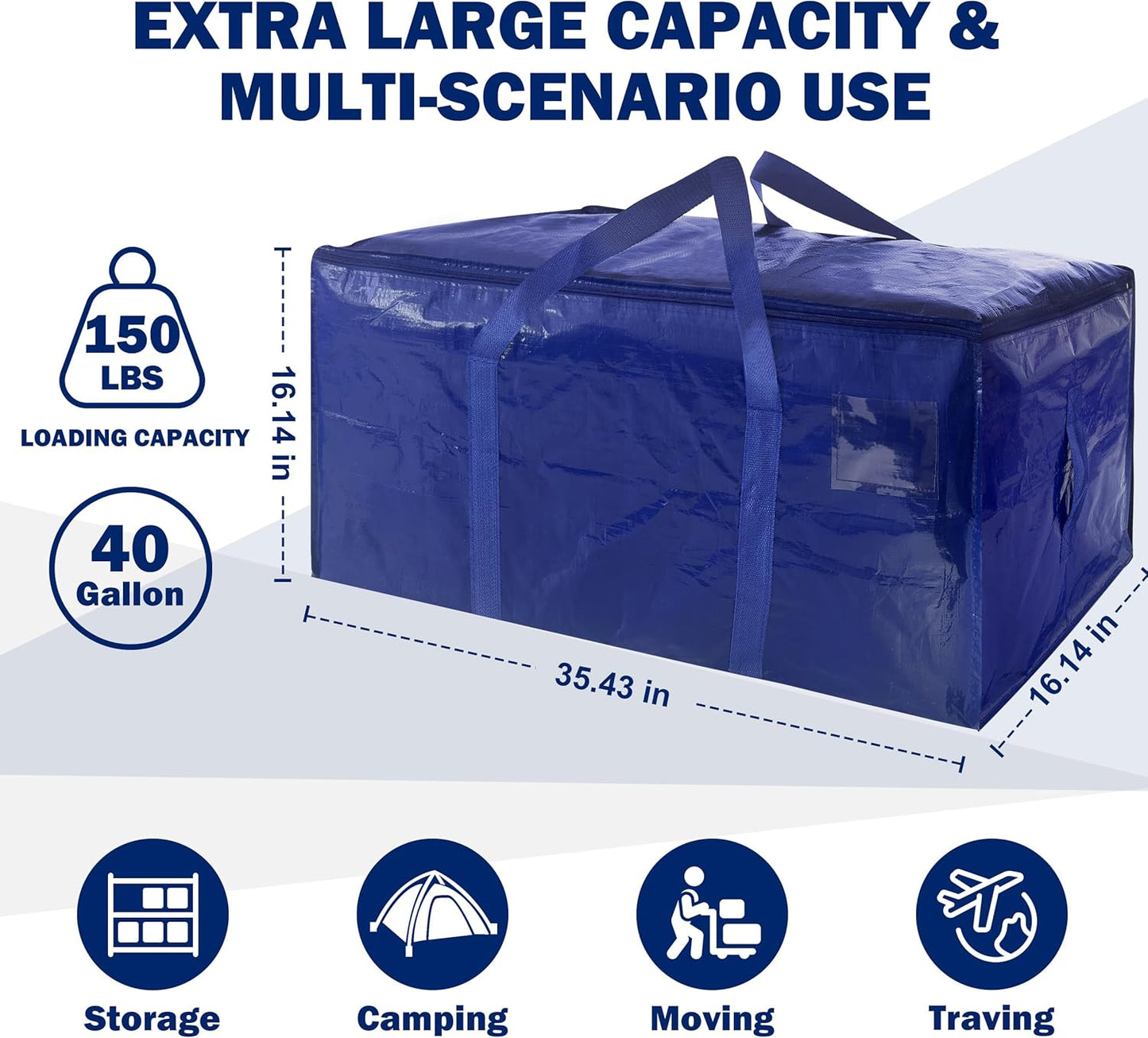 8 Pack Extra Heavy Duty Large Moving Bags with Strong Zipper & Carrying Handles, Sturdy Clothes Storage Bag Totes Bins, Packing Bags Moving Boxes College Moving Supplies, Dark Blue - 40 gal