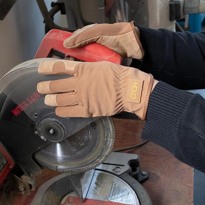 HANDLANDY Men Leather Gardening Gloves, Utility Work Gloves for Mechanics, Construction, Driver, Dexterity Breathable Design