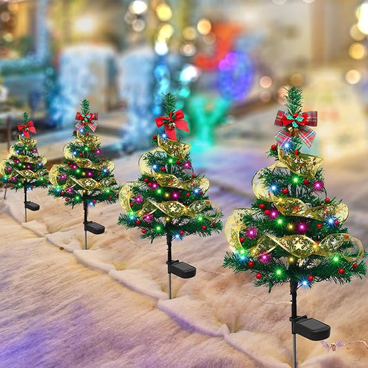 Libima 4 Pcs Solar Christmas Tree Garden Stake Lights Solar Outdoor 30 Inch Waterproof 80 LED Landscape Lights with 4 Bows 100 Artificial Berries and Ribbon for Xmas Decor Party Yard Patio Pathway