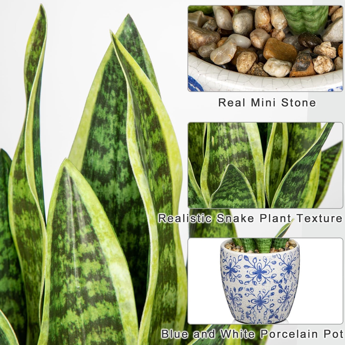 Hollyone Artificial Snake Plant Potted Faux Sansevieria Trifasciata Plants, 15.7" Tropical Fake Plants in Blue and White Porcelain Pots for Home Office Room Indoor Decor Housewarming Gifts