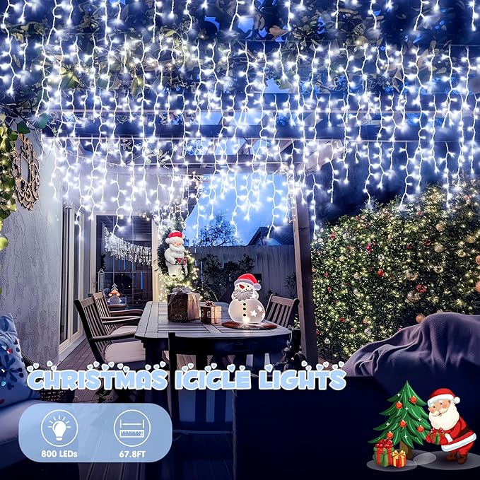 JMEXSUSS Christmas Icicle Lights for Outside: 800 LED White Icicle Lights Outdoor Waterproof - White Christmas String Lights for House Wedding Party Christmas Decoration