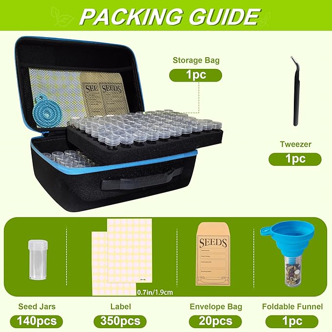 140 Slots Seed Storage Organizer Box with 20 Seed Envelopes, Large Capacity Seed Storage Container with Zipper Bag, Label Stickers, Tweezers, Funnel, Garden Seeds Saver Kit for Vegetable, Flower