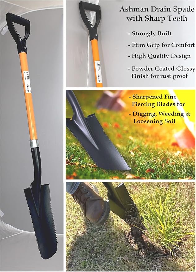 Ashman Drain Spade Teeth Shovel (1 Pack) - 48 Inches Long Handle Spade with D Handle Grip - Durable Handle with a Thick Metal Blade - Multipurpose Premium Quality Orange Shovel.