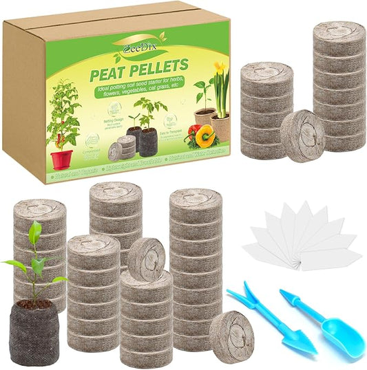 ZeeDix 50 Pcs 40mm Peat Pellets Seed Starter Soil Pods Plugs for Vegetable, Compressed Peat Nutrient Seedling Soil Block for Planting Easy Transplant with 50 Plant Labels & 2 Garden Tools