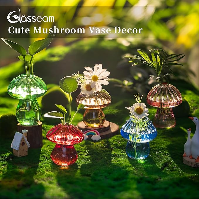 Glasseam Mushroom Plant Propagation Stations: Glass Plant Terrarium Jar with Wood Stand Unique Hydroponic Planters for Indoor Plants Cute Propagation Vase for Plant Lovers Home Office Decor 5Pcs