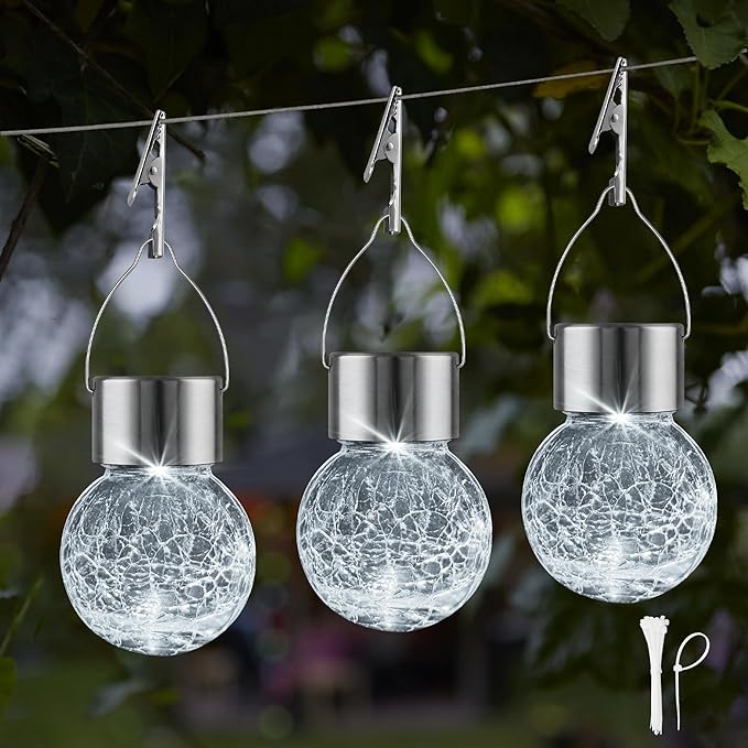 Solar Lights Outdoor Hanging Decorative Globe 24 Pack, Waterproof Solar Lantern with Handle and Clip, Solar Powered Glass Ball Lights for Garden Yard Fence Tree Umbrella Holiday Décor, Cold White