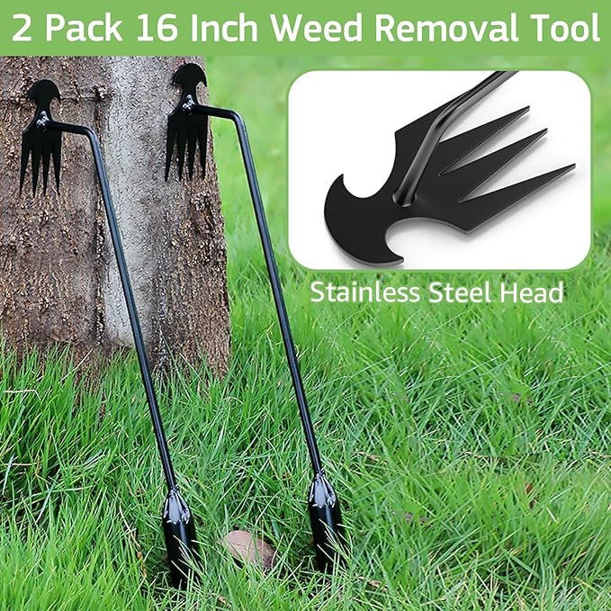 2 Pcs Weed Puller Tool – 15.7” Portable Garden Weeder, 4 Teeth Manganese Steel Forged Hand Tool for Uprooting Weeds, Ideal for Gardening & Backyard Vegetable Planting