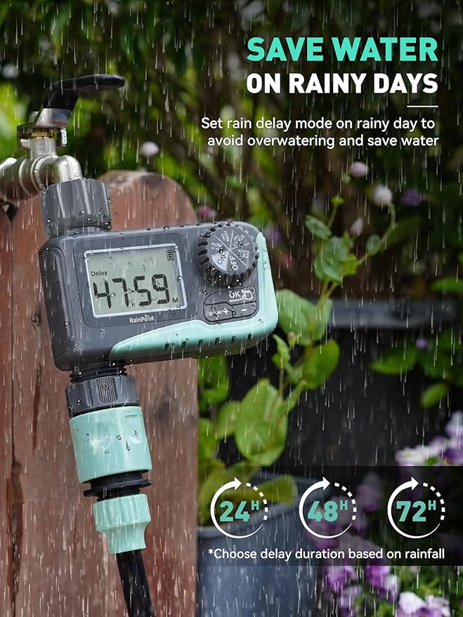 RAINPOINT Sprinkler Timer, Programmable Water Timer for Garden Hose, Outdoor Soaker Hose Timer with Rain Delay/Manual/Automatic Watering System, Digital Irrigation Timer for Yard, Lawn, 1 Outlet