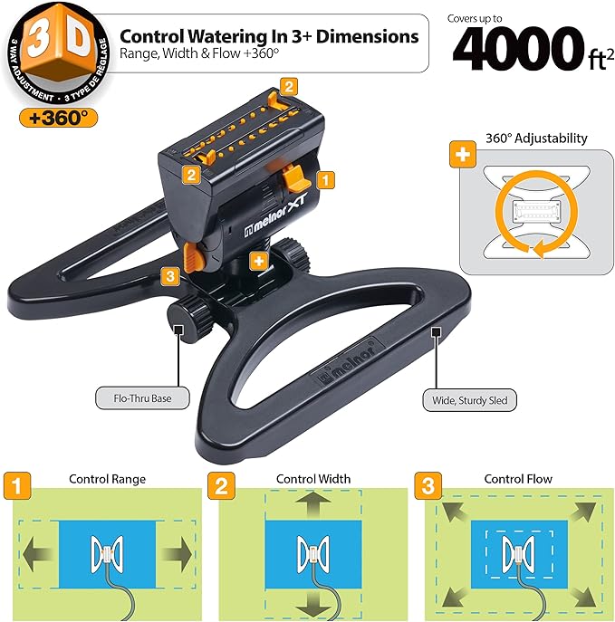 Melnor 65131AMZ MiniMax Turbo Oscillator Sprinkler, 4000 sq. ft., 4-Way Adjustable, Quick Connect Bundle, Black, Yellow