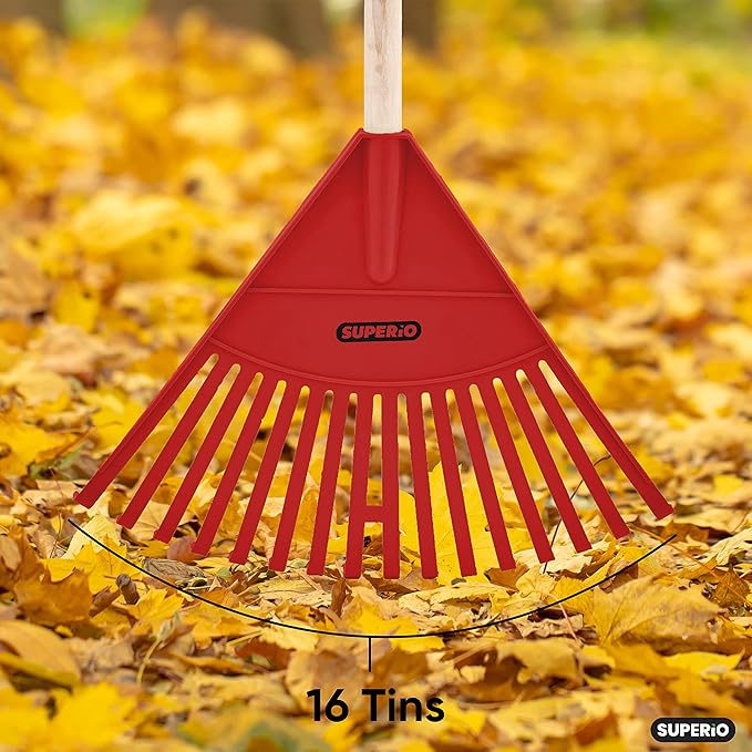 Superio Kids Rake with Hardwood Handle, Durable Plastic Head to Sweep Leaves in Lawn and Tidying Up The Garden, 34"