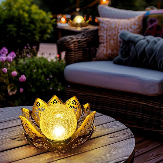 GIGALUMI Solar Lights Outdoor Garden Decor, Adjustable Metal Petal Lotus Flower Lights Crackle Globe Glass Lantern Outdoor Table Decor Waterproof for Patio, Lawn, Pathway, Pond, Christmas Gift