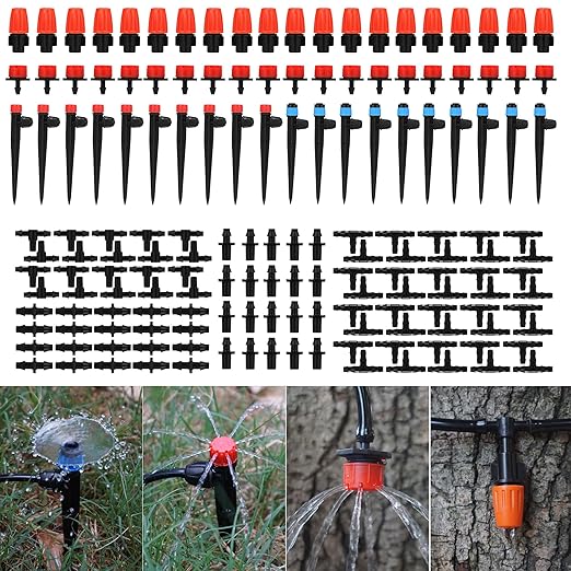 160 Pcs Adjustable Drip Irrigation Emitters, Mister Nozzles, Micro Irrigation Drippers, Sprayers, Barbed Connectors, Irrigation Parts for 1/4" Drip Irrigation Tubing Garden Watering System