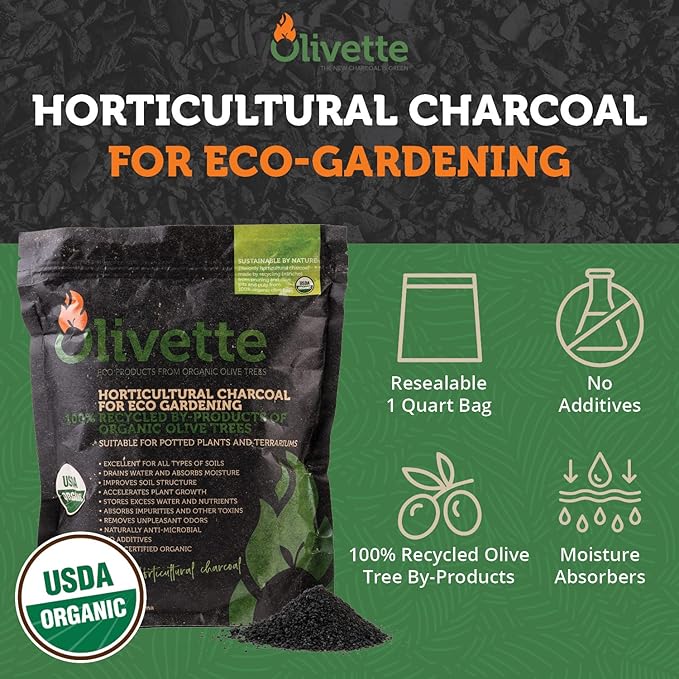 Olivette Horticultural Activated Charcoal for Plants Terrarium Horticulture Moisture Absorbers | Terrarium Supplies | USDA Organic Certified | Made from Recycled Olive Tree Byproducts | 3 Bags