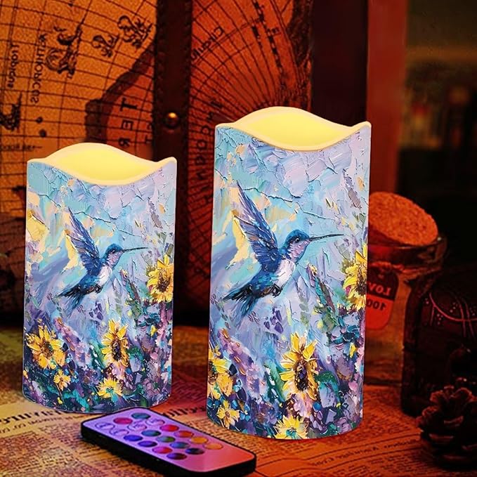 Ystardream Flameless LED Battery Candles Pack of 4 Waterproof Pillar Candles Tealights with 18-Key Timer Remote Colorful Lights for Outdoor Home Decoration Oil Painting Hummingbird