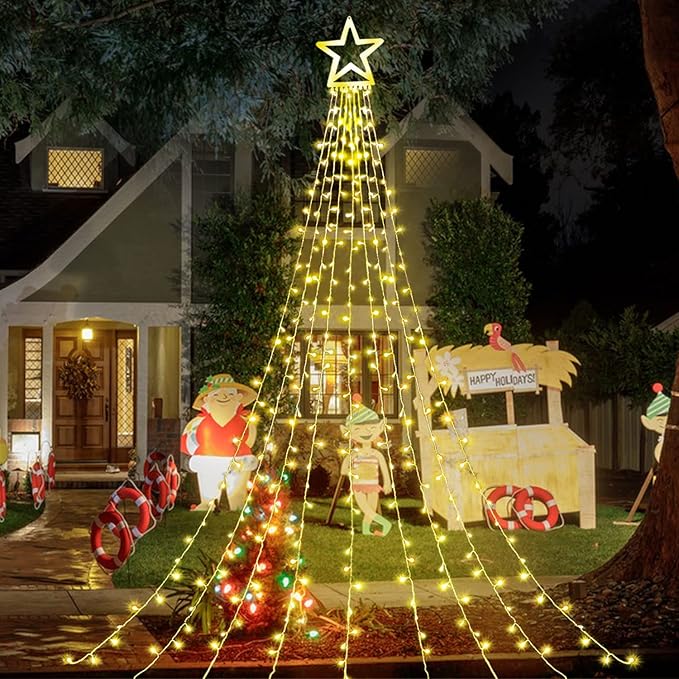 Christmas Decorations Star String Lights, 320 LED Waterfall Tree Lights with 13" Topper Star 8 Lighting Modes Indoor Outdoor Decorative for New Year, Holiday, Wedding, Party
