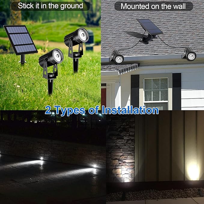 T-SUN 2W Solar Spotlights, LED Solar Powered Landscape Lights Outdoor Waterproof Solar Security Wall Lights Auto ON/Off Dual Head Light for Garden Yard Patio(Cold White)