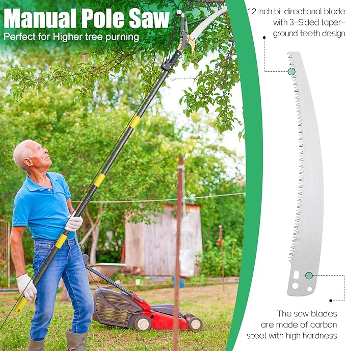 Pole Saws for Tree Trimming, 13.7 FT Manual Tree Trimmer Long Handle Pruner, Extendable Pole Pruners for Tree Trimming, Sharp Steel Blade and Scissors for High Branches Trimming