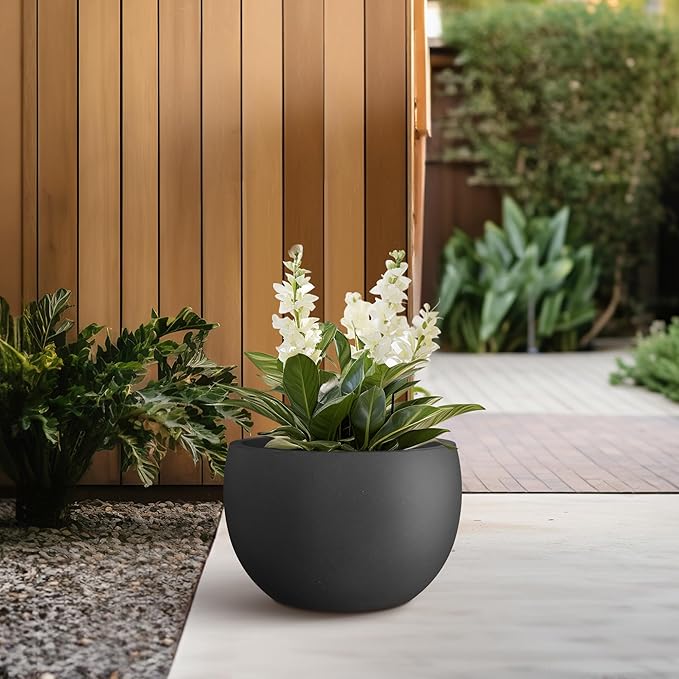 Kante 11.8" Dia Round Concrete Planter, Outdoor/Indoor Large Bowl Plant Pots with Drainage Hole and Rubber Plug for Garden Patio Balcony Home, Black