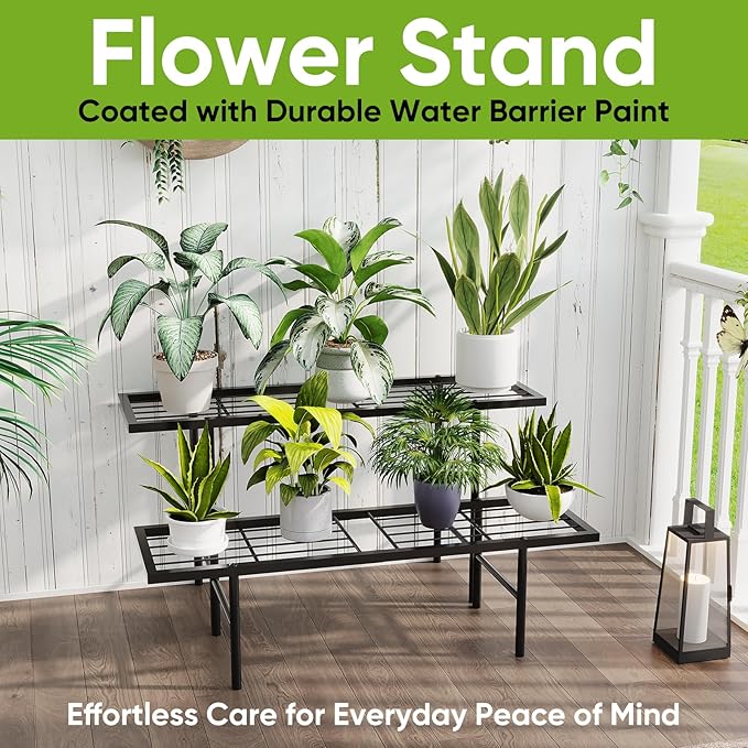 2-Tier Black Metal Ladder Plant Stand, Versatile for Indoors & Outdoors, Perfect as a Multi-Plant Display Rack for Windowsills, Patios, Balconies