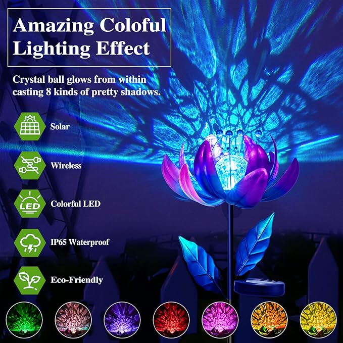 Solar Purple Metal Flower Wind Spinners, Colorful Spinning Windmill Lotus Yard Art Lights Wind Pinwheels with LED Crystal Ball Decorative Stake Lighting Flower Sculpture