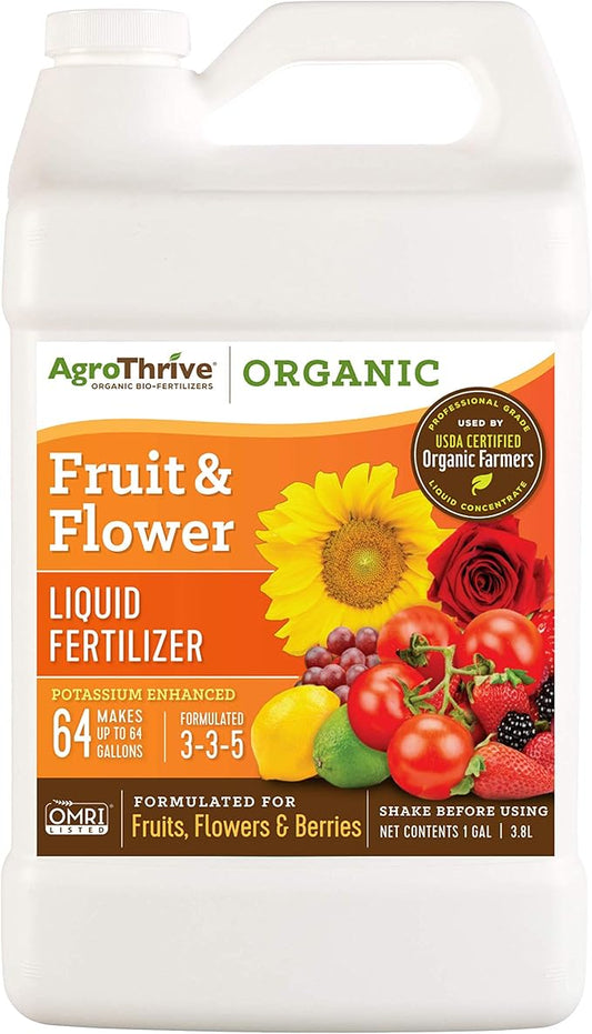 AgroThrive Fruit and Flower Organic Liquid Fertilizer - 3-3-5 NPK (ATFF1128) (1 Gal) for Fruits, Flowers, Vegetables, Greenhouses and Herbs