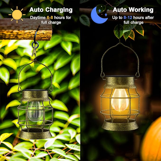 Solar Lantern 2 Pack Solar Outdoor Lights Metal Hanging Lights for Outside Waterproof Retro Design with Edison Bulb Decorative for Patio Porch Fence Garden Lawn