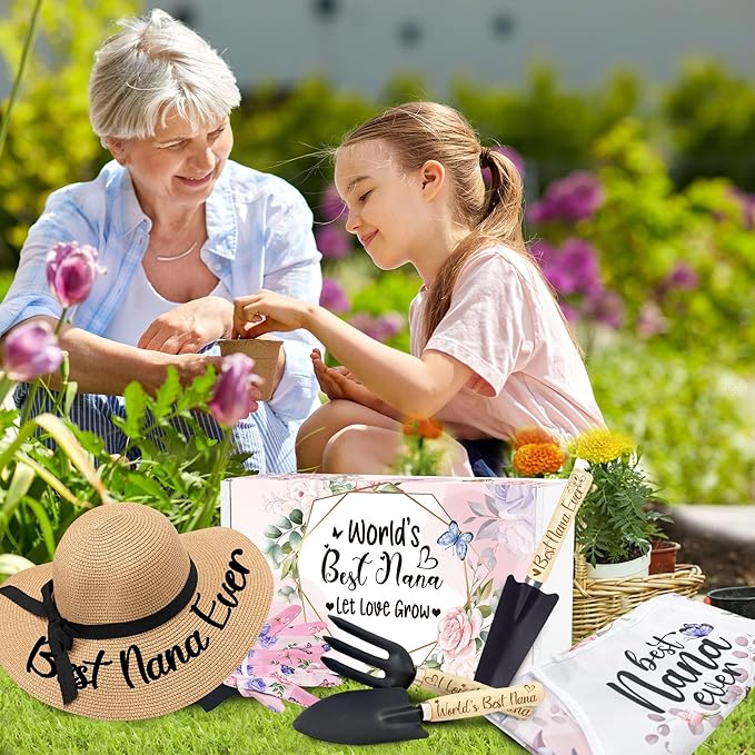 Nana Gifts for Mothers Day, Gardening Tools Kit with Gloves Apron and Hat, Best Nana Ever Gifts for Plant Lover, Gardening Gifts Set for Christmas, Grandma Gifts from Grandkids Grandchildren