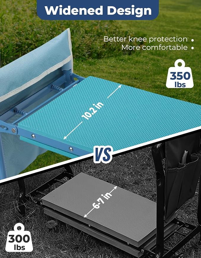 DEERFAMY Garden Stool 10.2" Width, Garden Kneeler and Seat Load Cap 350 lbs, Gardening Gift Heavy Duty with Extra Kneeling Pad, 2 Tool Pouches, Claw Gloves, Blue