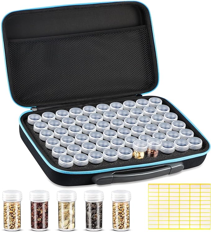 60-Slots Seed Storage Organizer, Sturdy Seed Organizer Storage Box with Label Stickers, Seed Storage Container for Flower Vegetable Plants Garden Seeds Vegetable & Clover Seeds(Seeds not Included)
