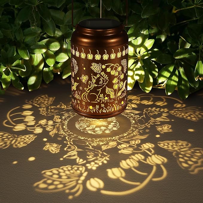 Solar Lantern Outdoor Hanging Lights Birthday Gifts for Women Mom and Grandma Cat and Butterfly Metal Garden Decor Outdoor Waterproof LED Solar Lanterns for Patio, Yard, Pathway,Landscape